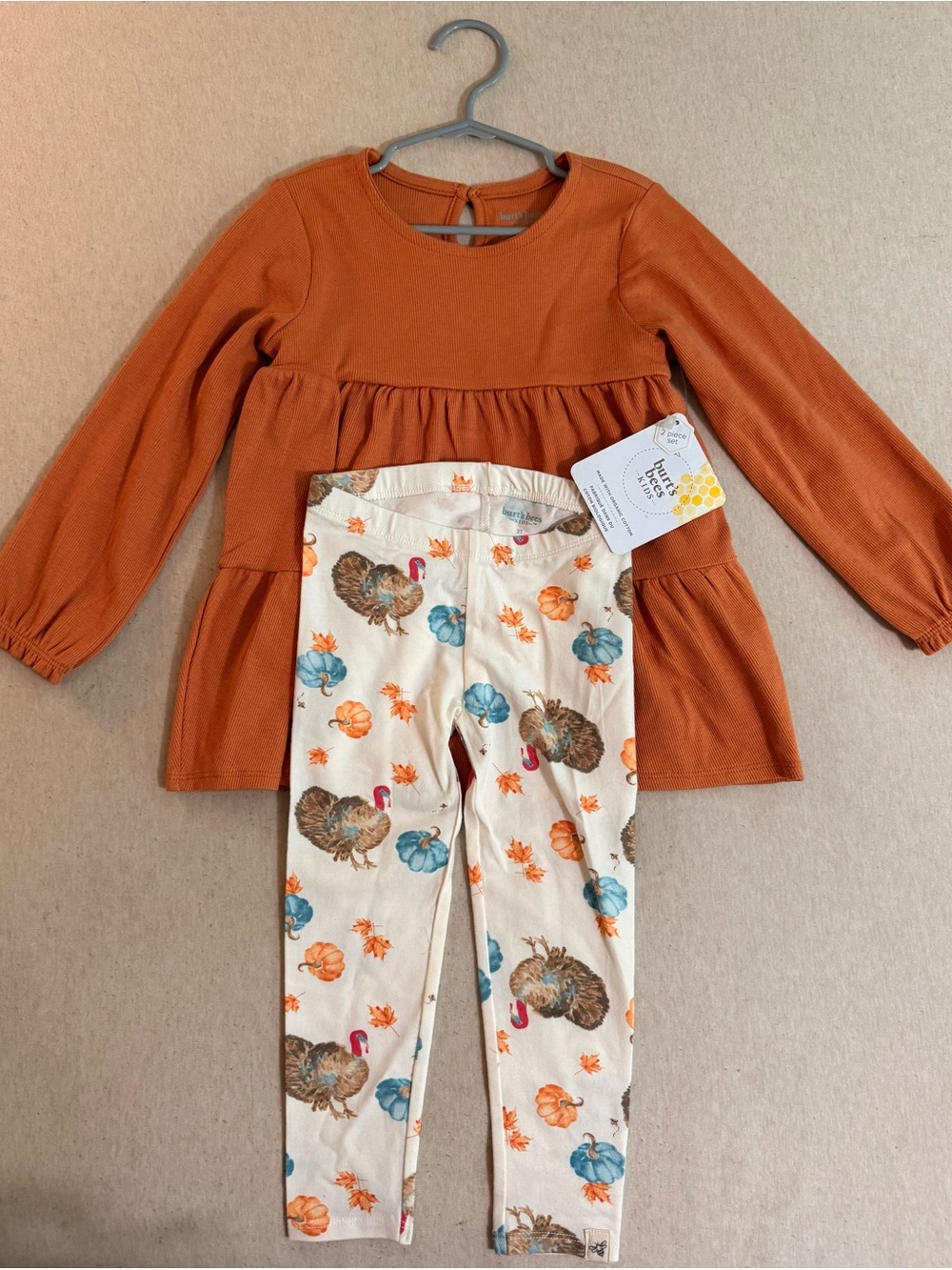 Burts Bees - Girls' Orange Long-Sleeve Tunic & Cream Turkey Print Leggings Set